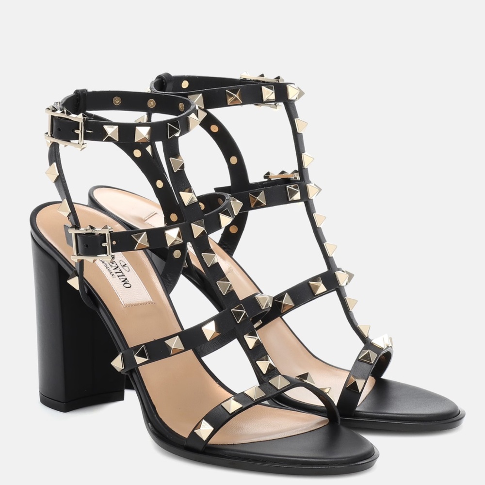 $1190 VALENTINO GARAVANI ROCKSTUD LEATHER SANDALS HEELS SHOES 37.5